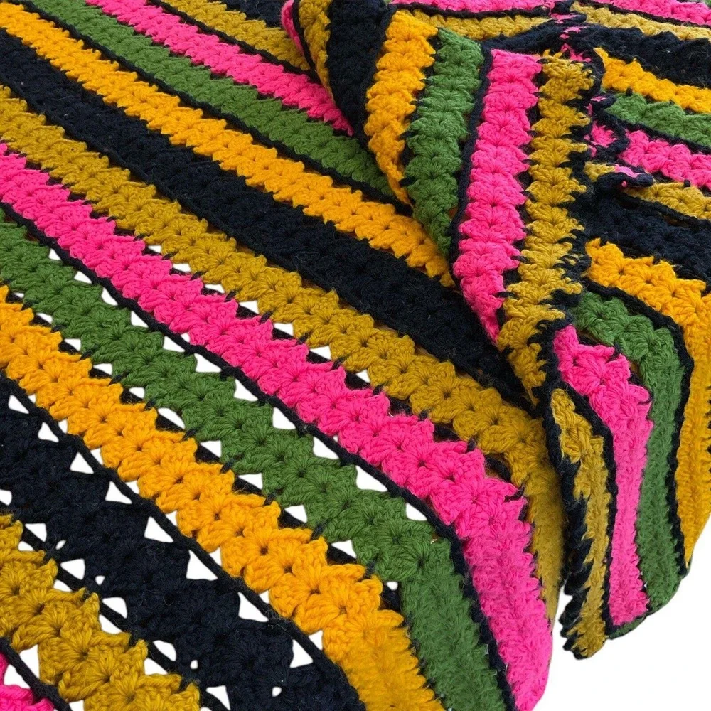 Vintage Handmade Crochet Striped Afghan Retro‎ Boho Sofa Throw Blanket